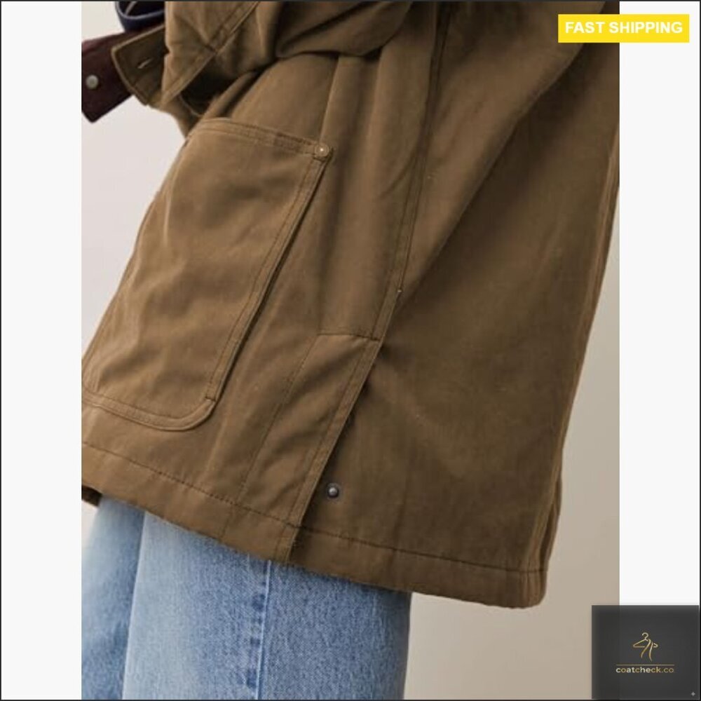 Oversized Utility Barn Jacket with Corduroy Collar and Pockets - Picture 3 of 7